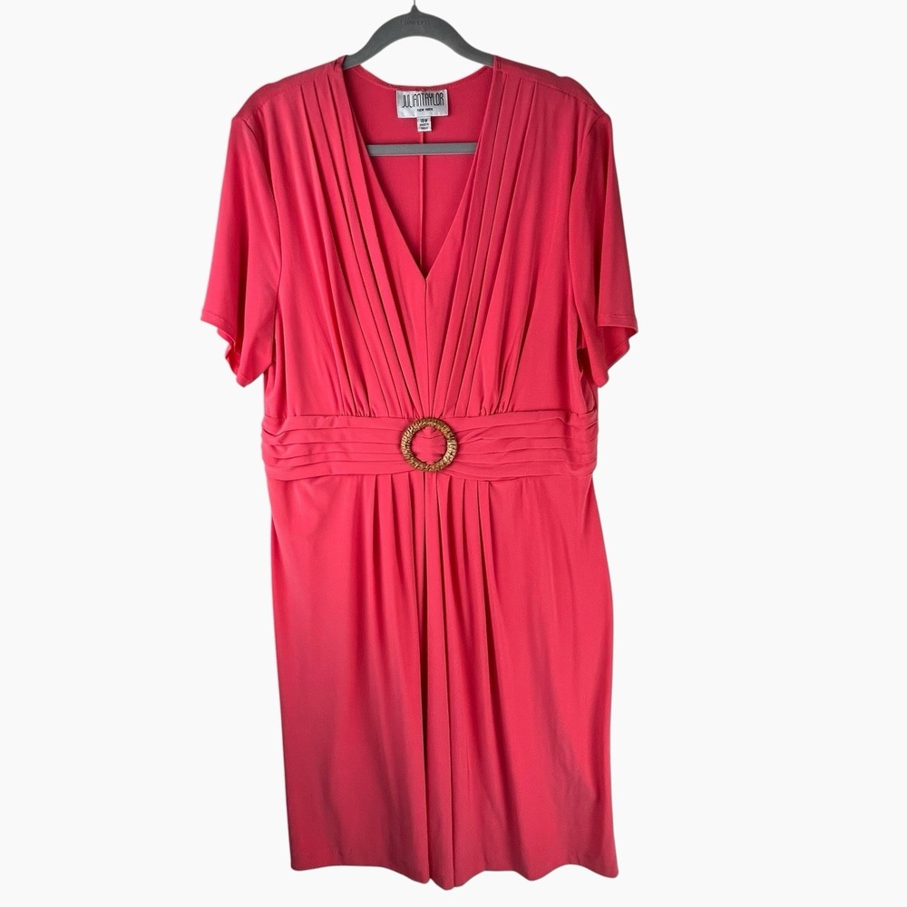 Julian Taylor Coral Orange Dress Plus Short Sleeve Pleated V-Neck Rattan Buckle